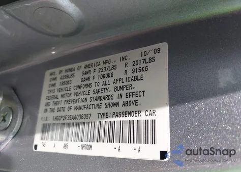 2010 Honda Accord 2.4 Lx из США, поврежденный, VIN 1HGCP2F35AA036057